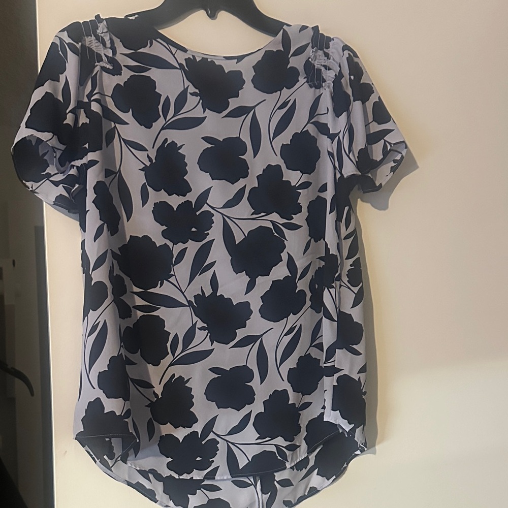 Ann Taylor Light Blue Blouse with Navy Floral Print